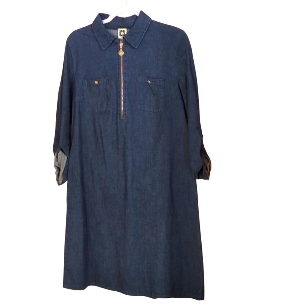 Anne Klein Denim Collar Quarter Zip Shift Dress Roll Tab Sleeves Women's Size 8